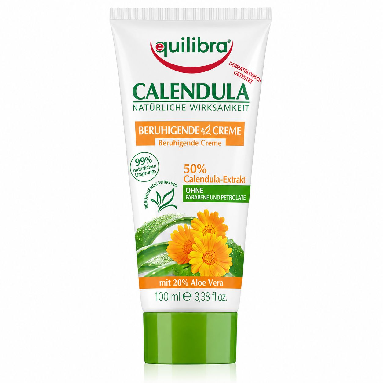 Eine Equilibra Calendula beruhigende Creme Tube mit Orangensymbolen und Aloe Vera.