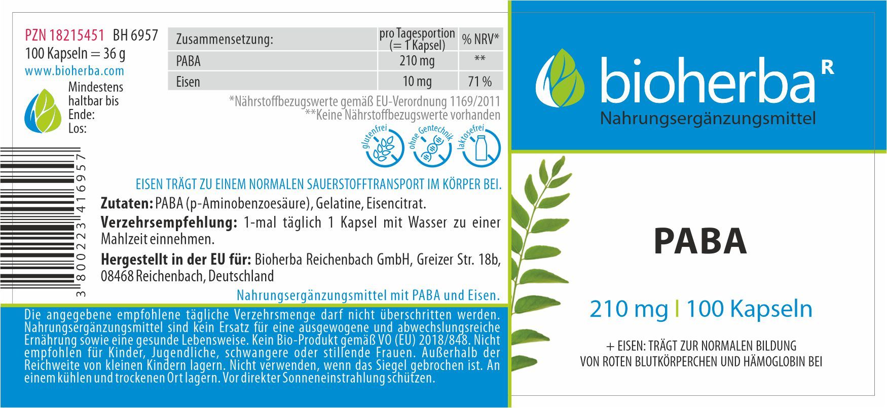 Etikett mit Produktinformationen. Enthält PABA und Eisen. Text: 210 mg | 100 Kapseln. Marke: bioherba. Zusammensetzung, Verzehrempfehlung.