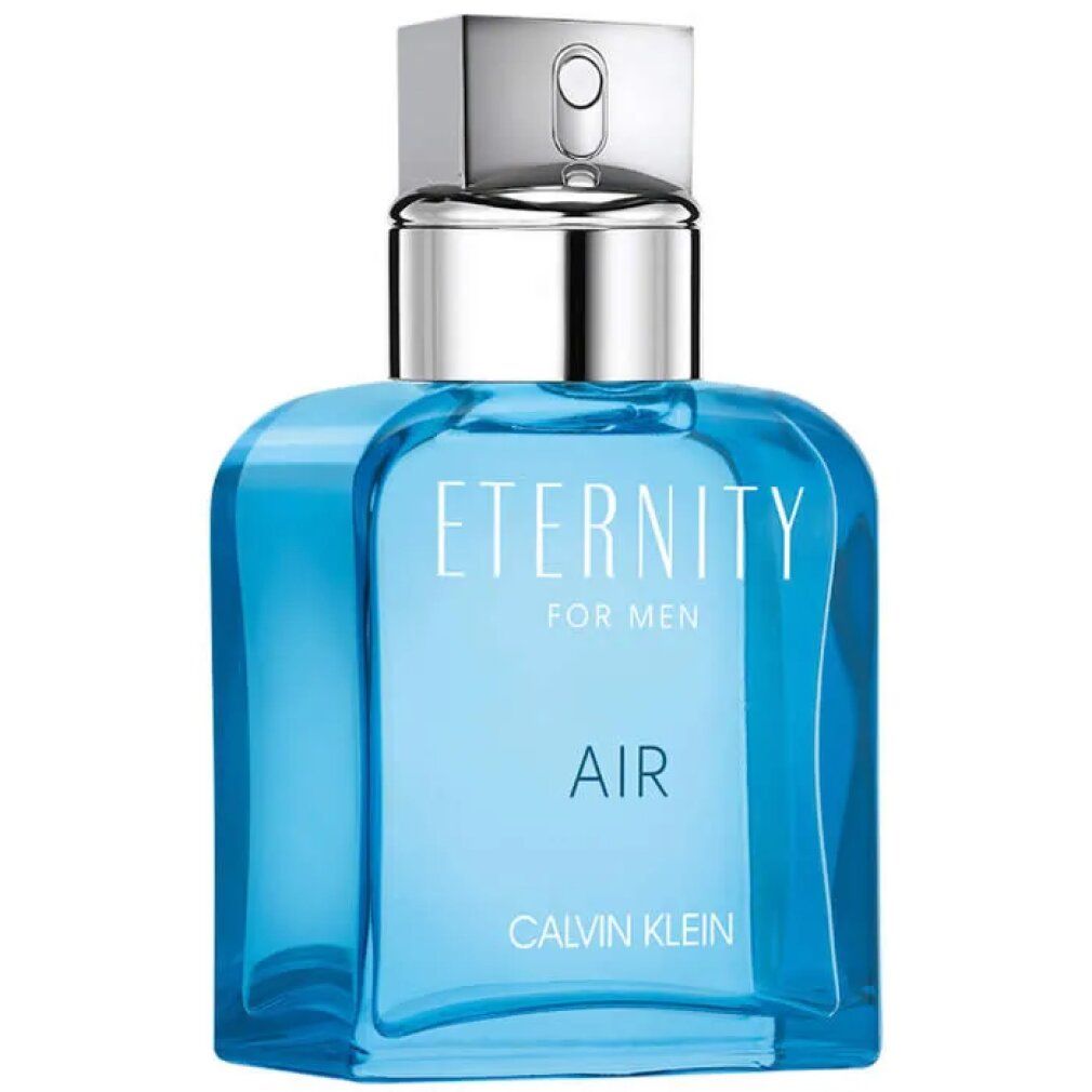 Calvin Klein Eternity Air for Men Eau de Toilette Flakon, blau, rechteckig, mit silbernem Zerstäuber.