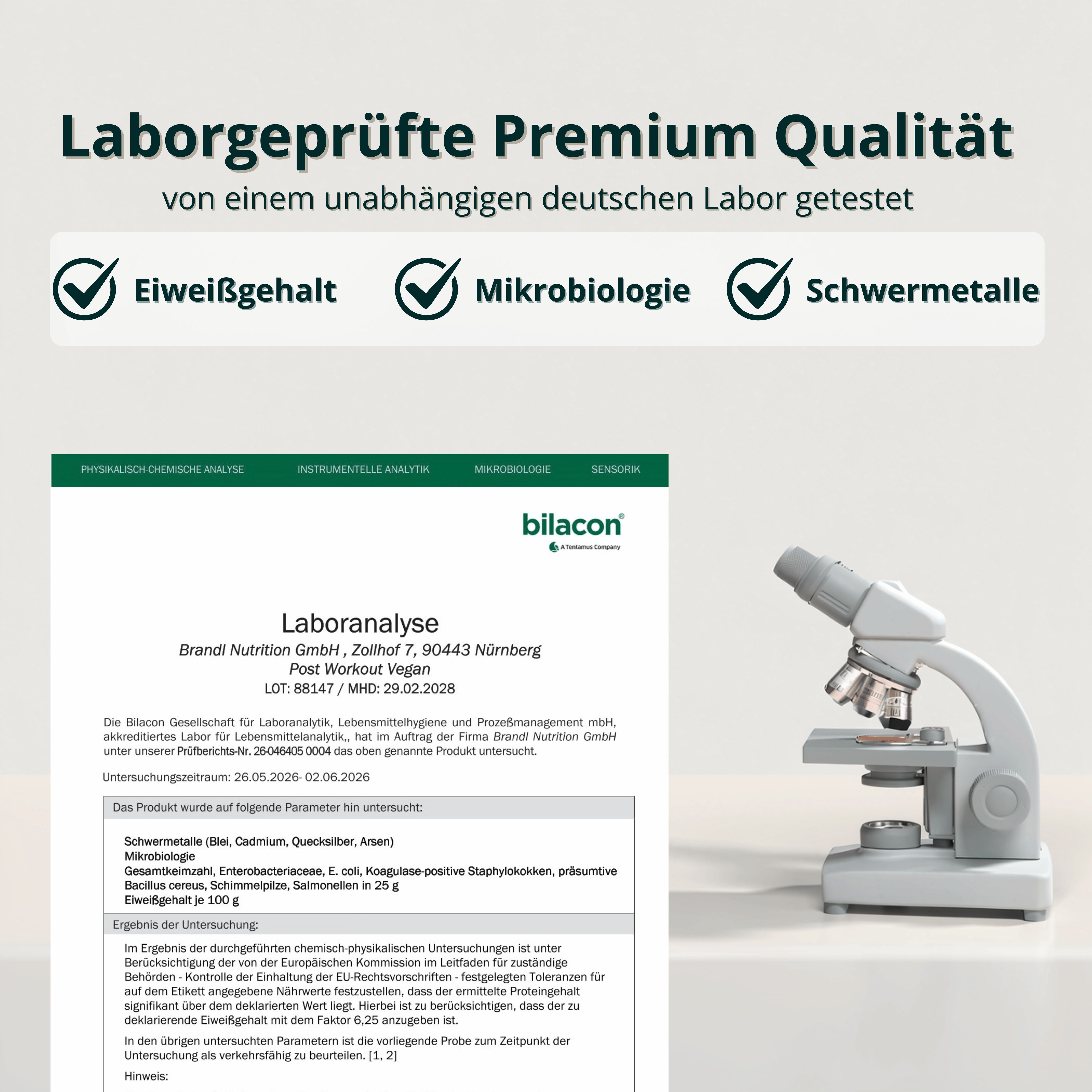 Laborgeprüfte Premium Qualität: Eiweißgehalt, Mikrobiologie und Schwermetalle von deutschem Labor getestet.