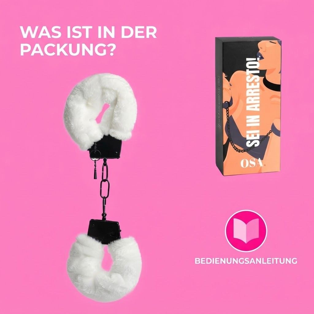 Weiße Plüsch-Handfesseln mit schwarzen Schnallen und Kettengliedern.
