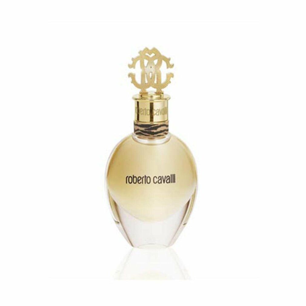 Roberto Cavalli Eau de Parfum Spray-Flakon mit goldenem Verschluss und Markenlogo, auf weißem Hintergrund.