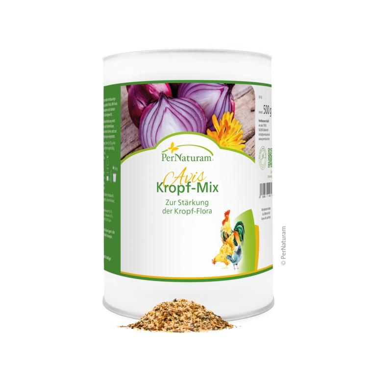 Weißes Behältnis mit Produktnamen und Abbildung. Kleie-ähnliches Produkt vor Dose. Text: Kropf-Mix, Zur Stärkung.