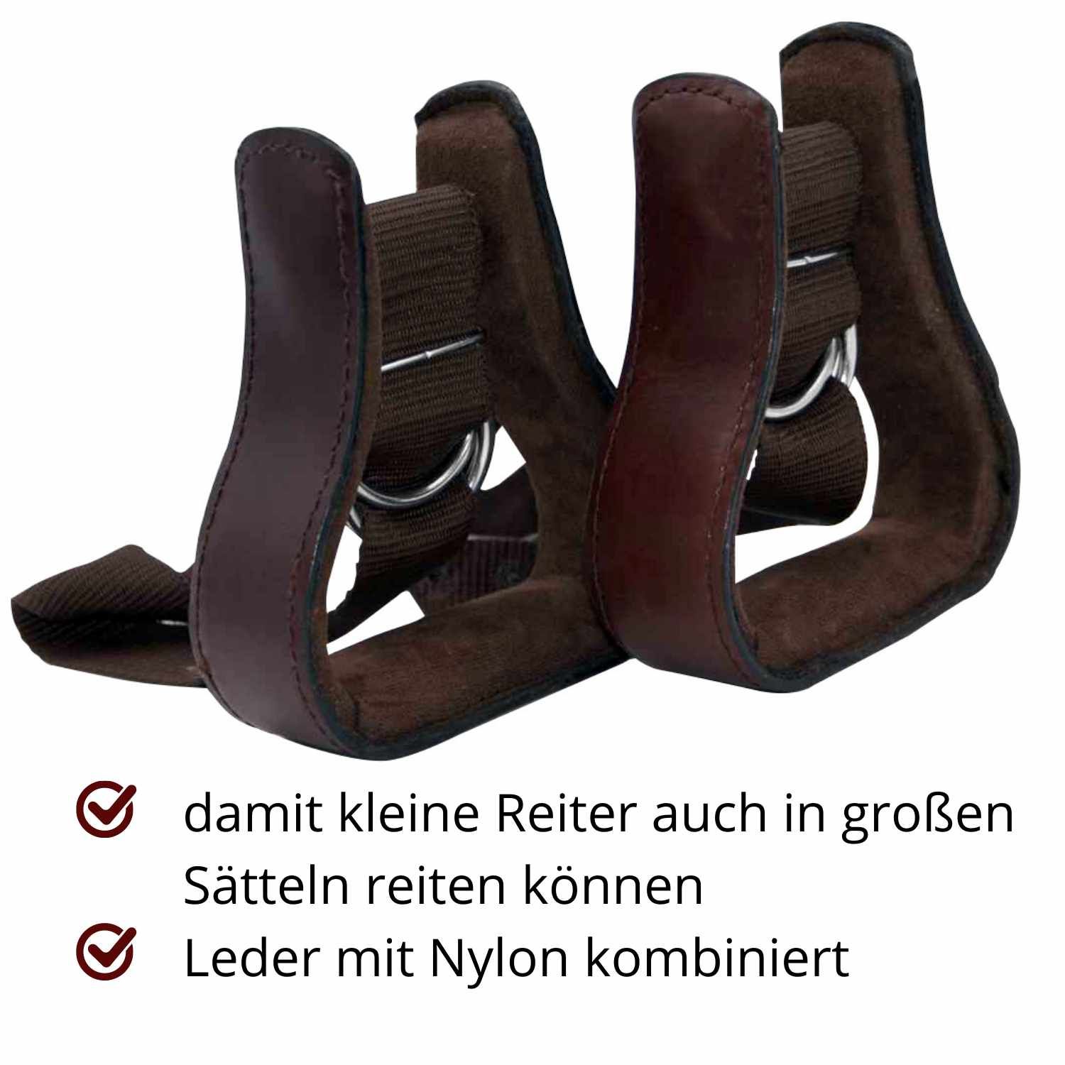 Braune Steigbügel mit Leder und Nylon. Ringe zur Befestigung. Text: Leder mit Nylon kombiniert.
