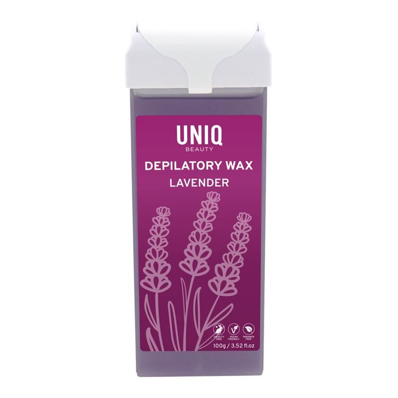 UNIQ Lavendel Wachspatrone. Lila Wachsbehälter mit weißem Deckel. Etikett mit Produktname und Lavendel-Illustration.