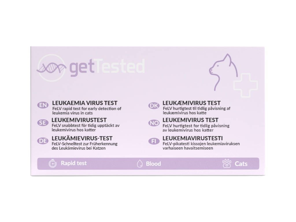 GetTested Leukämievirus-Test für Katzen. Lila Verpackung mit Text und Symbolen. Enthält Informationen in verschiedenen Sprachen.