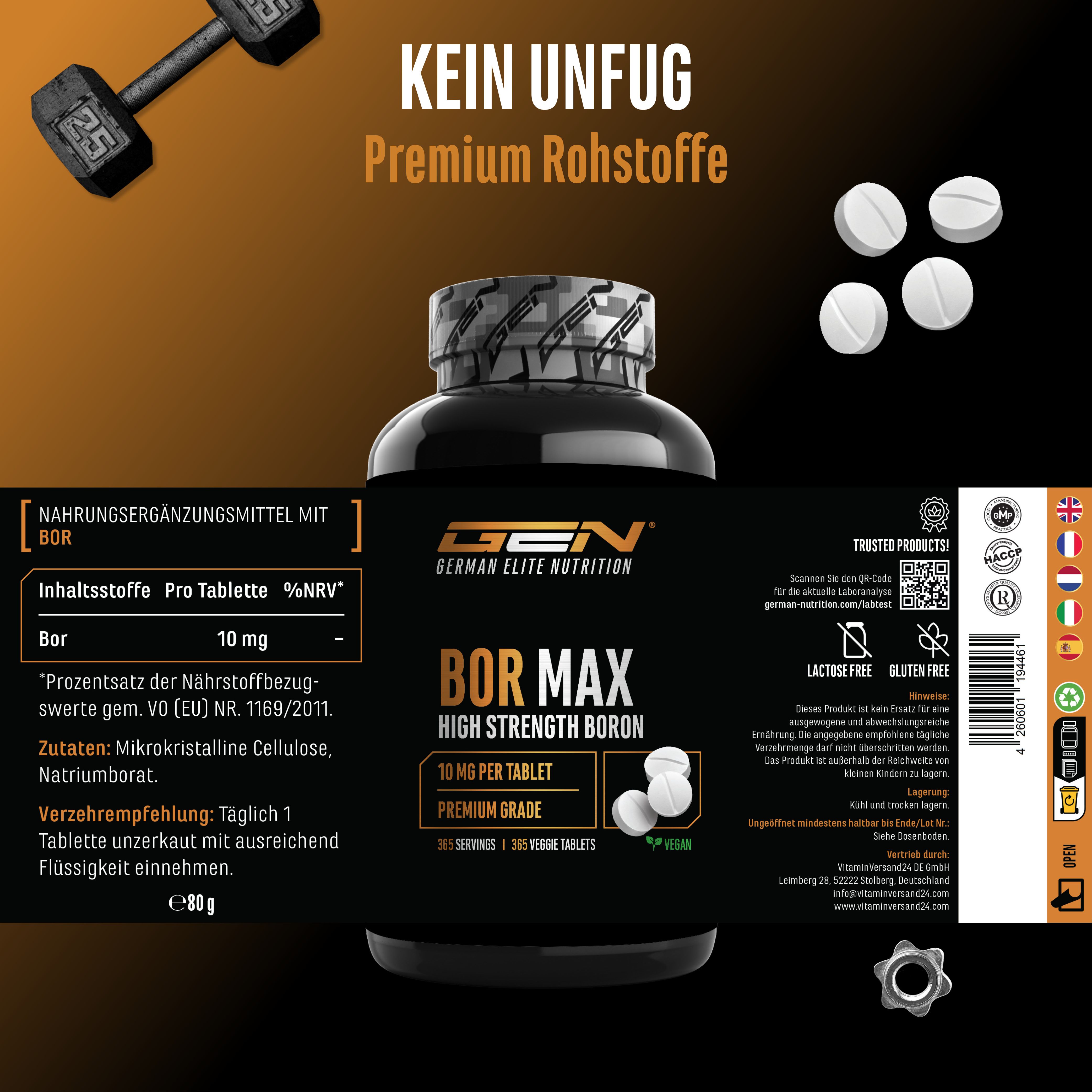 Etikett mit Text: GEN German Elite Nutrition, Bor Max, 10 mg pro Tablette, 365 Tabletten. Inhaltsstoffe: Bor, 10 mg. Verzehrempfehlung: 1 Tablette täglich.
