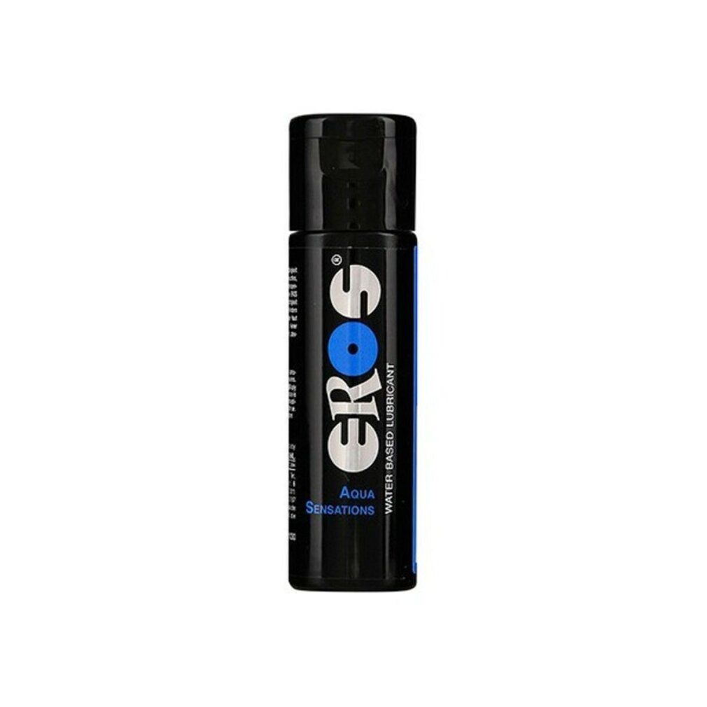 Schwarze Flasche mit blauem Etikett. Aufschrift: EROS, Aqua Sensations, Water Based Lubricant.