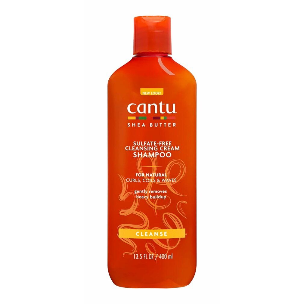 Orangefarbene Flasche mit Cantu-Produkt. Aufschrift: Sulfate-Free Cleansing Cream Shampoo. Für Locken, Curls & Waves. 13.5 fl oz / 400 ml.