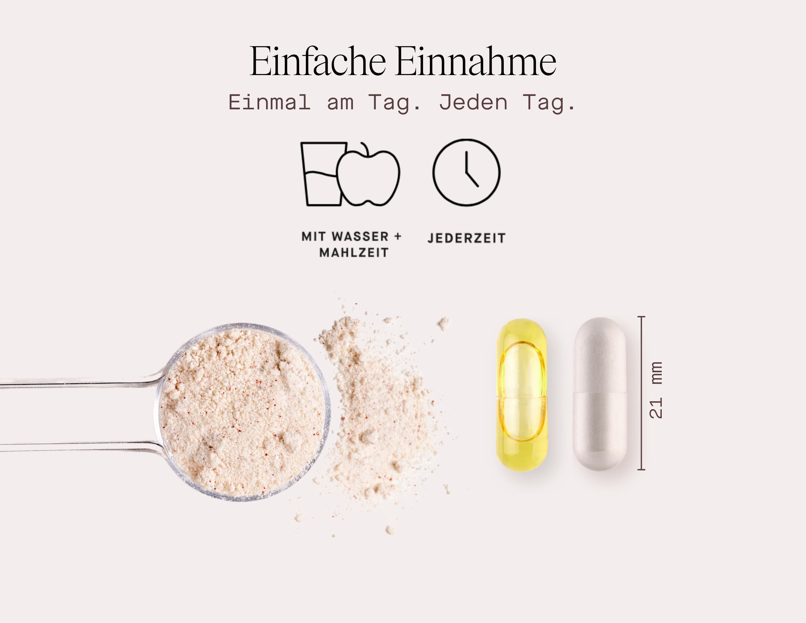 Löffel mit Pulver, gelbe und weiße Kapsel. Text: Einfache Einnahme. Mit Wasser + Mahlzeit. 21 mm.