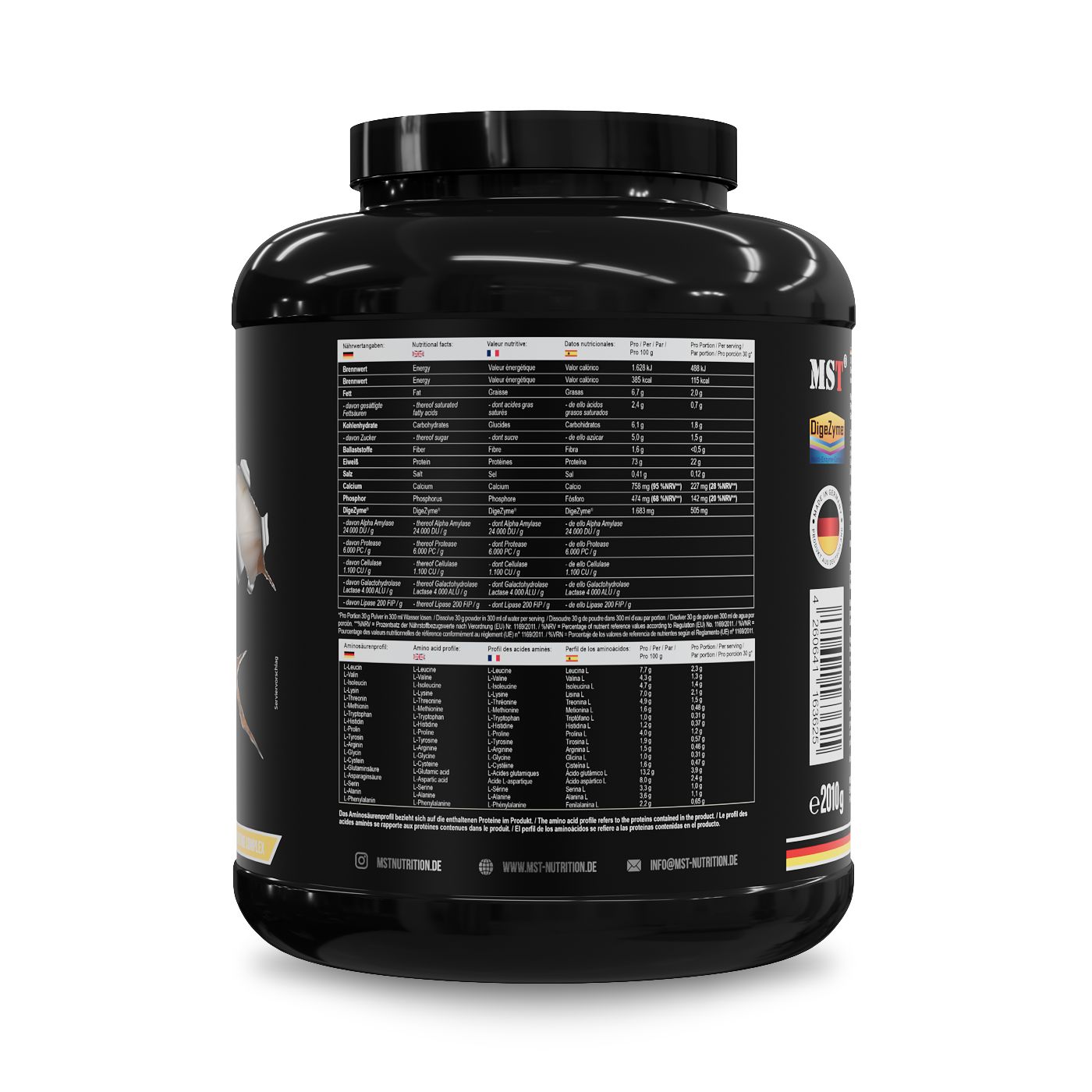 Rückseite eines schwarzen MST Best Whey Protein Behälters mit Nährwertangaben und Inhaltsstoffen.