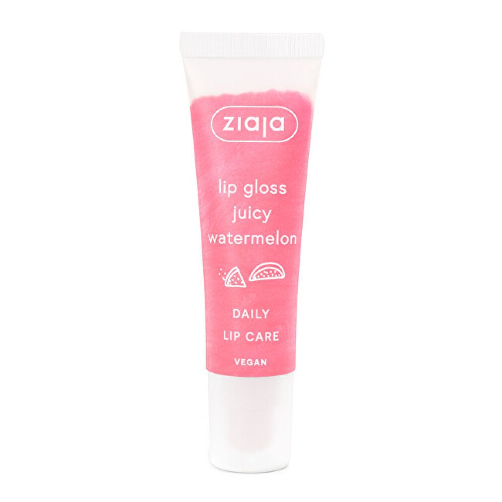 Lipgloss-Tube mit rosa Inhalt. Aufschrift: Ziaja, lip gloss juicy watermelon, Daily Lip Care, Vegan.