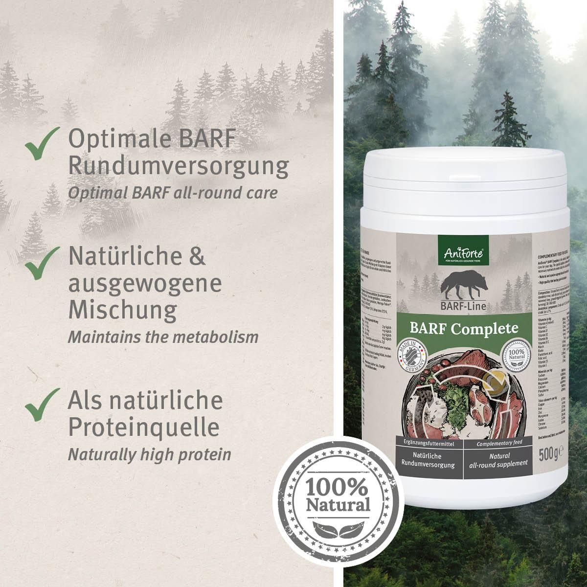 AniForte BARF Complete Dose. Text: Optimale BARF Rundumversorgung, Natürliche & ausgewogene Mischung, Als natürliche Proteinquelle. 100% Natural Siegel.