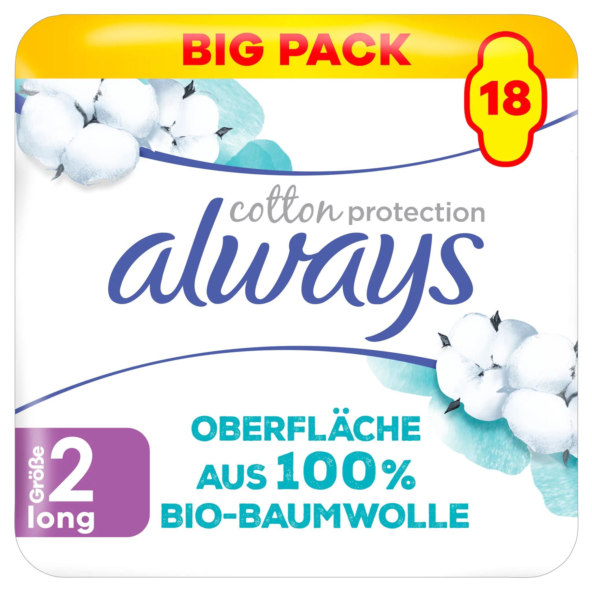 Always Damenbinden Big Pack, 18 Stück, Größe 2 Long, Oberfläche aus 100% Bio-Baumwolle.