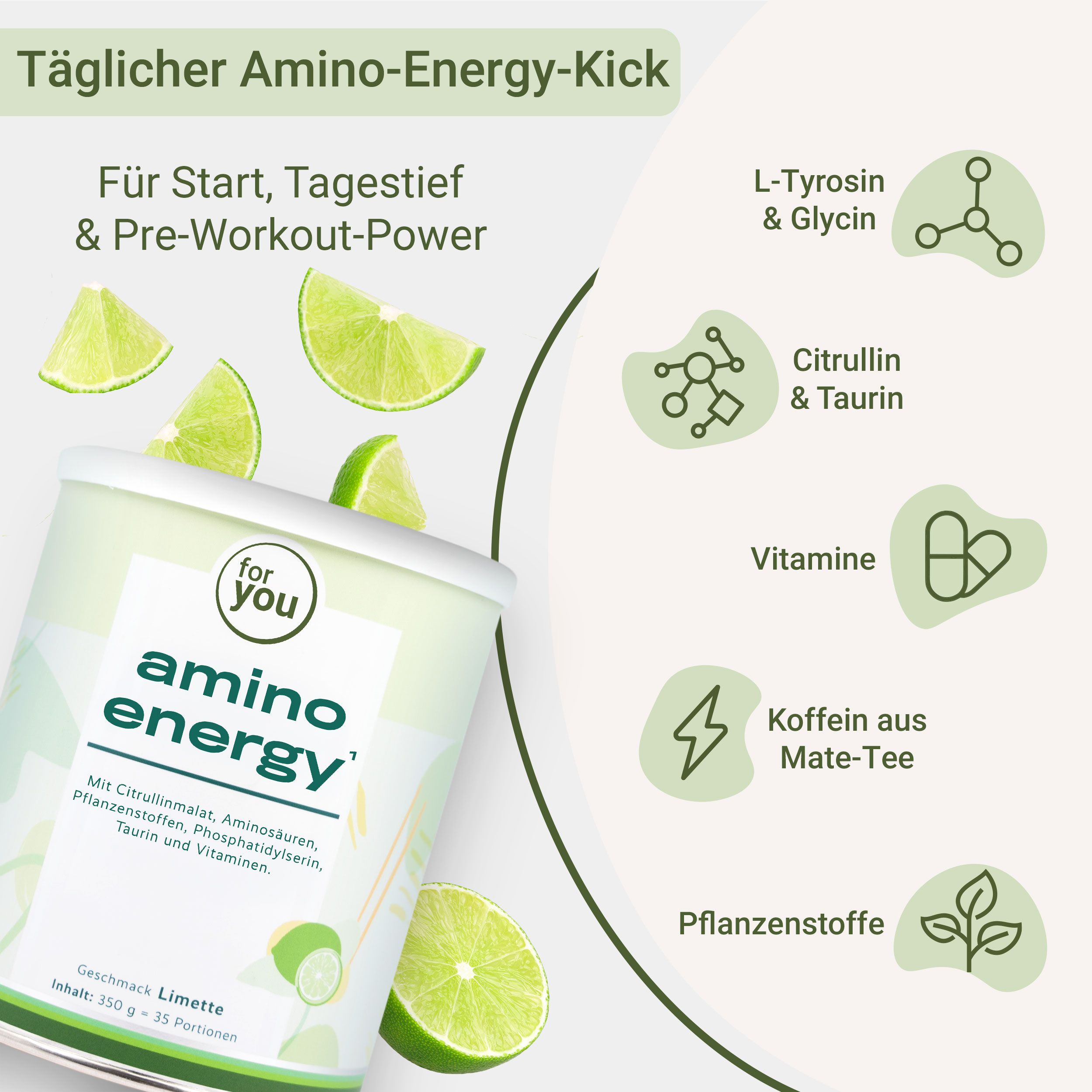 Dose 'for you amino energy' mit Limetten und Icons zu Inhaltsstoffen.
