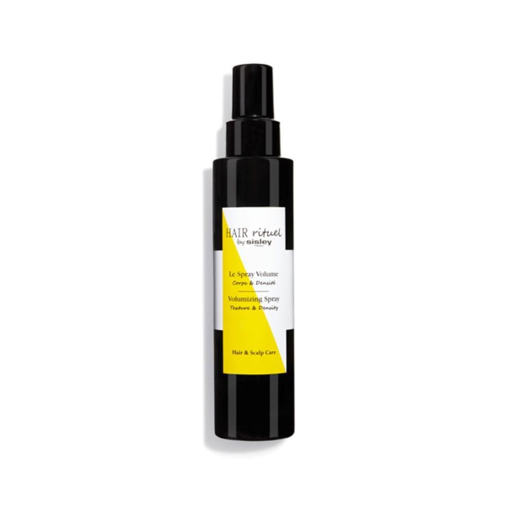 Schwarze Sprühflasche mit gelbem Etikett. Beschriftung: Hair Rituel by Sisley, Le Spray Volume, Volumizing Spray, Hair & Scalp Care.