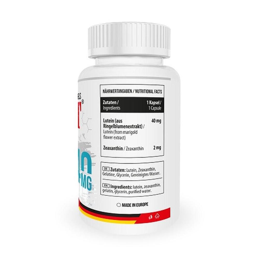 Rückseite der Flasche MST Lutein+Zeaxanthin. Zutaten und Nährwertangaben. Made in Europe.