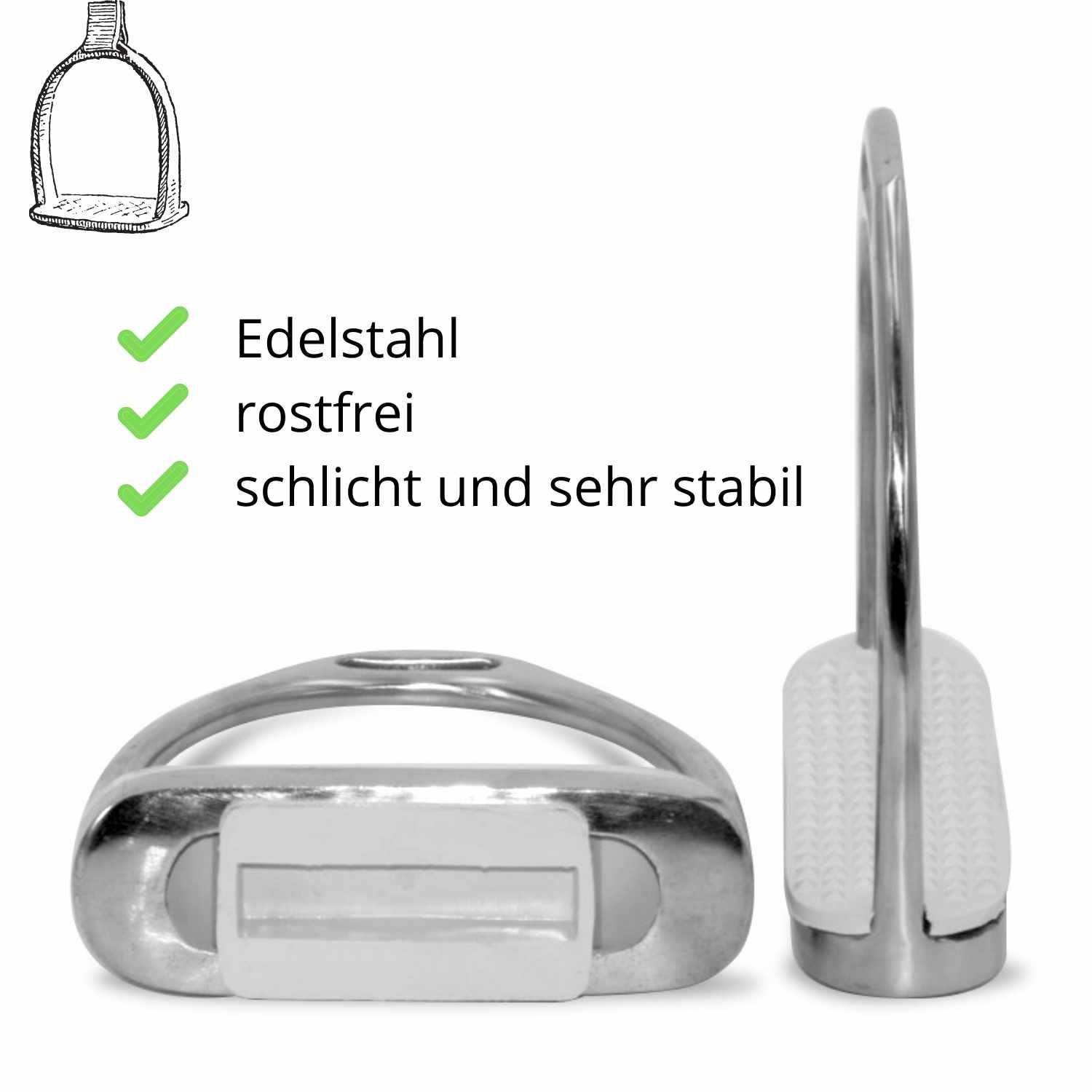 Steigbügel aus Edelstahl. Weiße, strukturierte Trittfläche. Seitenansicht und Draufsicht.