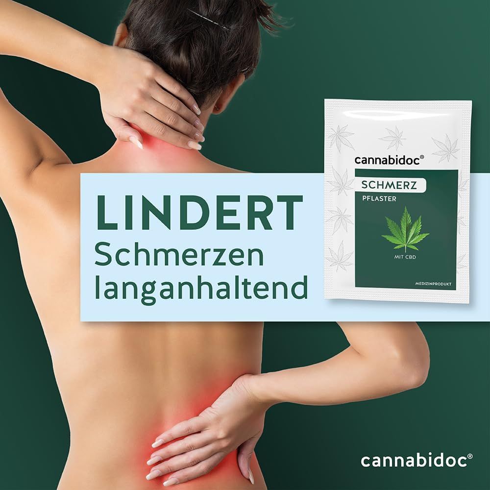 Rücken einer Person mit Schmerzpunkten. Text: Lindert Schmerzen langanhaltend. Einzelverpackung Schmerzpflaster.