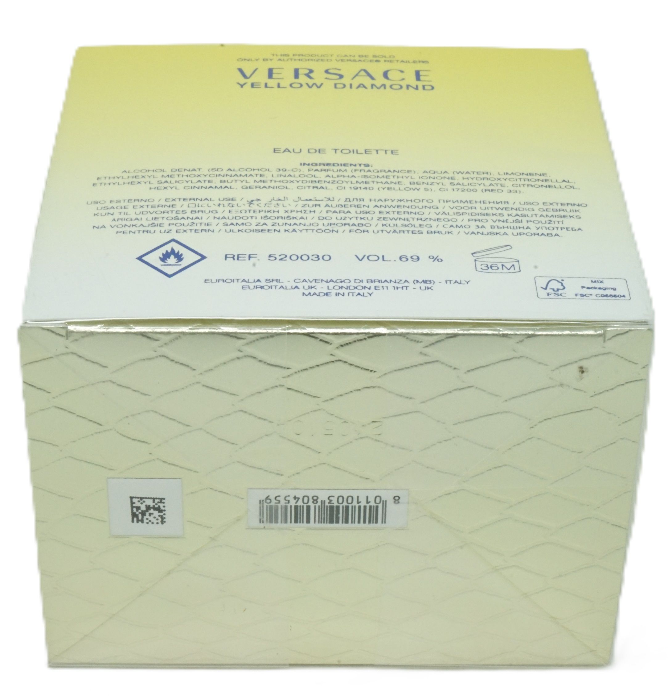 Verpackung von Versace Yellow Diamond Eau de Toilette. Gelber Karton mit Text und Logo. Rückseite mit Inhaltsstoffen und Informationen.