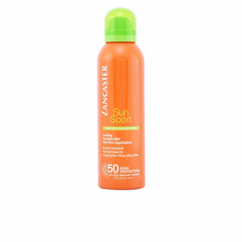 Orangefarbene Sprühflasche mit grünem Deckel. Text: Lancaster, Sun Sport, SPF 50. Kühlendes, unsichtbares Spray.