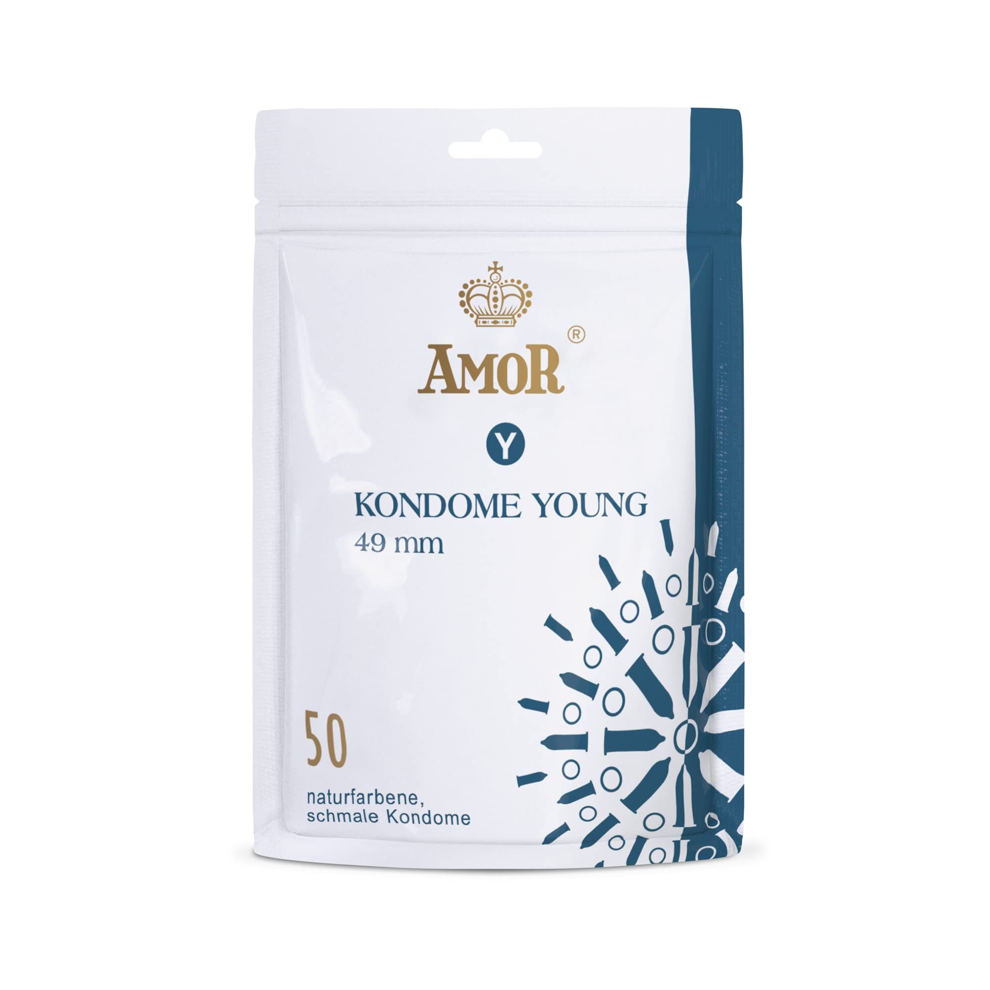 AMOR Kondome YOUNG 49mm Packung mit 50 naturfarbenen, schmalen Kondomen.