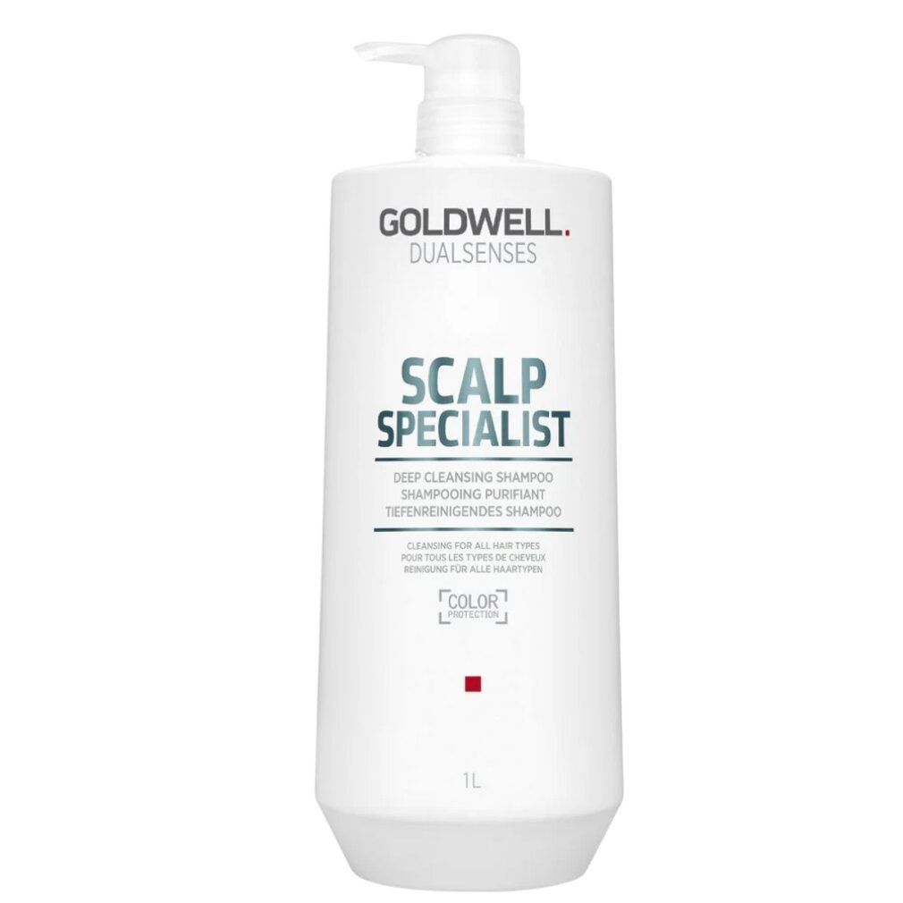 Weiße Shampoo-Flasche mit Pumpe. Text: GOLDWELL DUALSENSES SCALP SPECIALIST Deep Cleansing Shampoo. 1L.