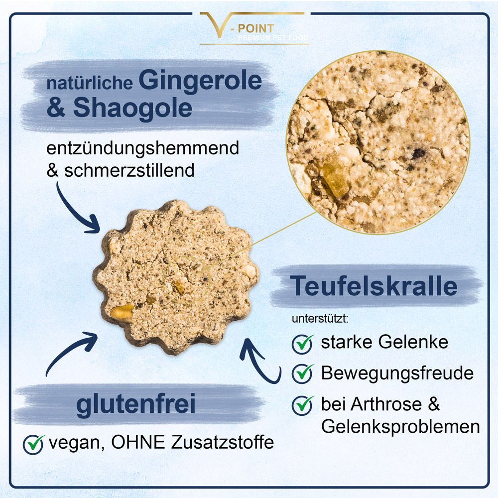 Nahaufnahme eines Leckerlis. Text: Ingwerole & Shaogole, entzündungshemmend. Teufelskralle, glutenfrei, vegan, ohne Zusatzstoffe.