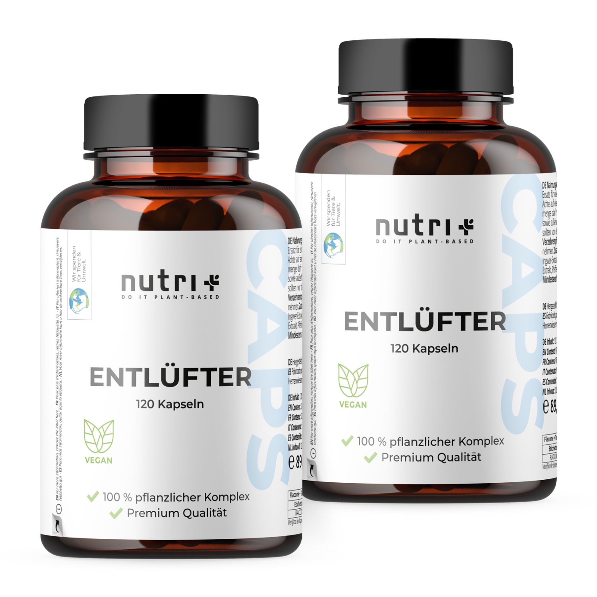 Zwei Flaschen mit Etiketten. Beide zeigen 'nutri+ Entlüfter 120 Kapseln', 'Vegan' und '100% pflanzlicher Komplex'.