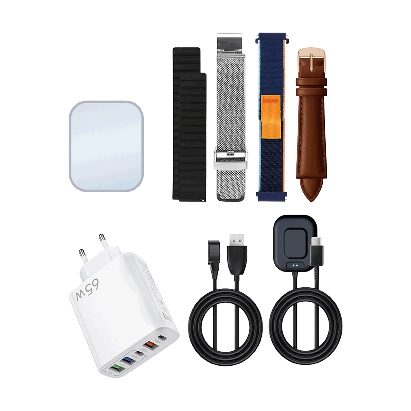 Zubehör für die Knauermann PRO 4 Ultra Gesundheitsuhr: Ladekabel, Netzteil, Displayschutz und drei Armbänder.