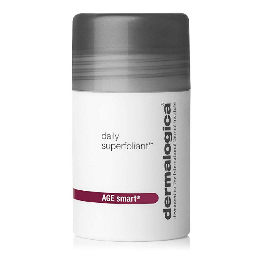 Zylindrische Dose mit Deckel. Aufschrift: "daily superfoliant", "AGE smart", und "Dermalogica".
