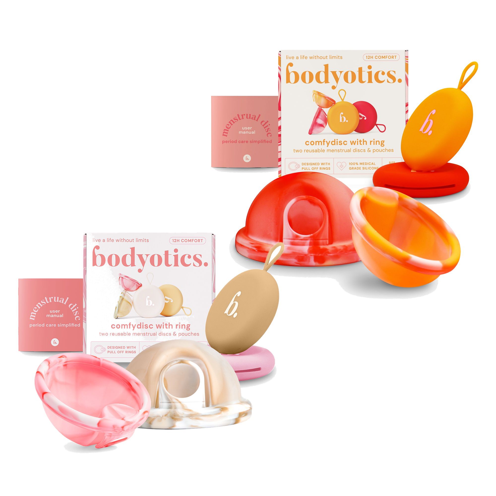 Zwei Sets von Menstruationsprodukten mit Verpackungen und Halterungen in Rosa und Orange/Gelb.