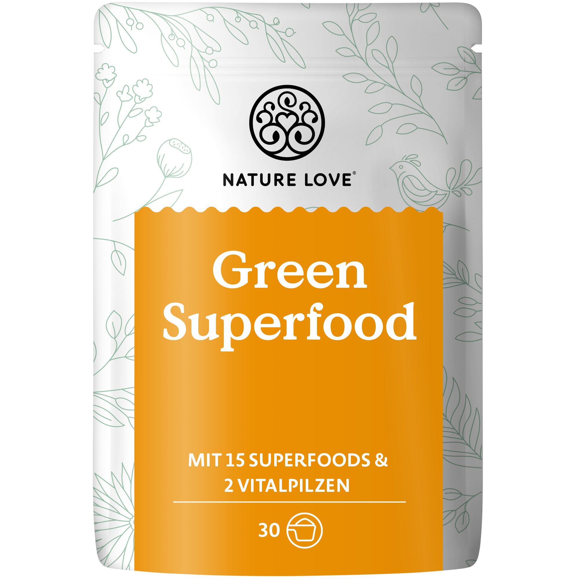 Beutel mit NATURE LOVE® Green Superfood. Orangefarbenes Feld mit "Green Superfood" und Text. 30 Portionen, 15 Superfoods & 2 Vitalpilze.