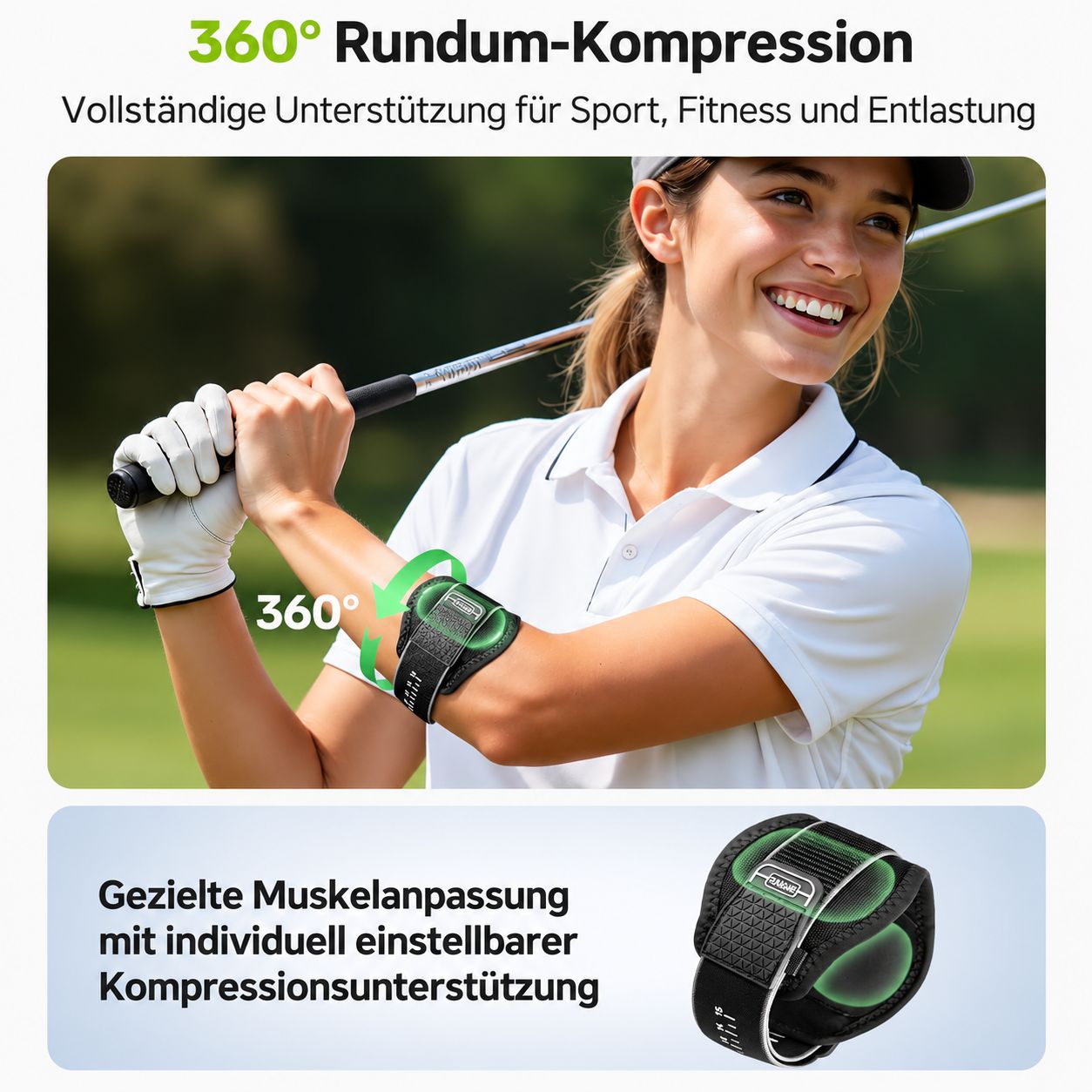 Schwarzer Armstützgurt mit verstellbarem Riemen.