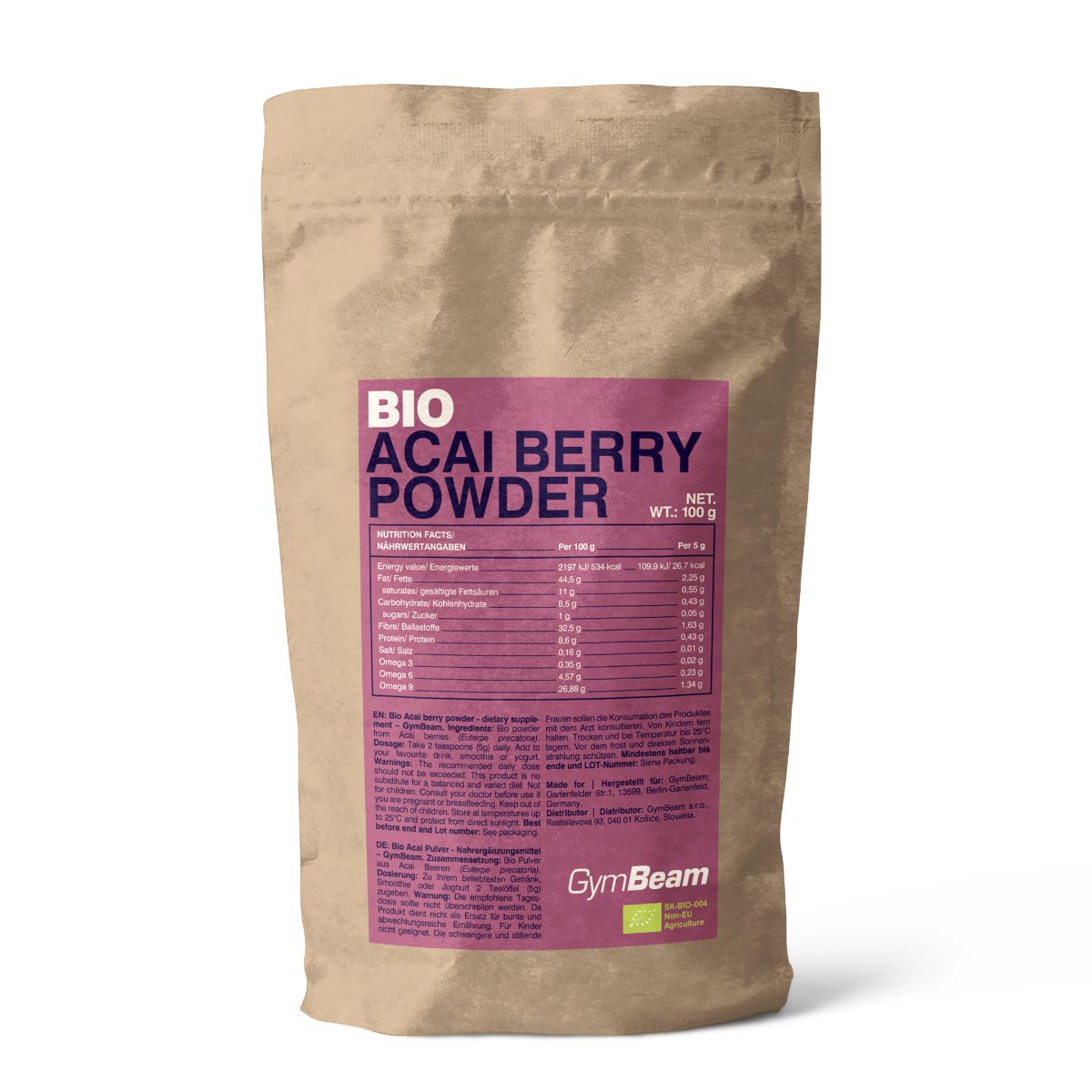 Braune Papiertüte mit lila Etikett für BIO Acai Beerenpulver. Enthält Nährwertangaben und das GymBeam-Logo.