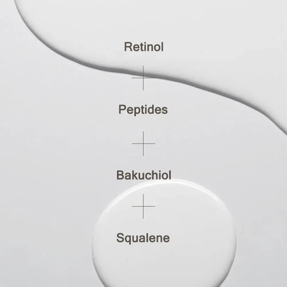 Nahaufnahme von Tropfen. Beschriftung: Retinol, Peptides, Bakuchiol, Squalene.