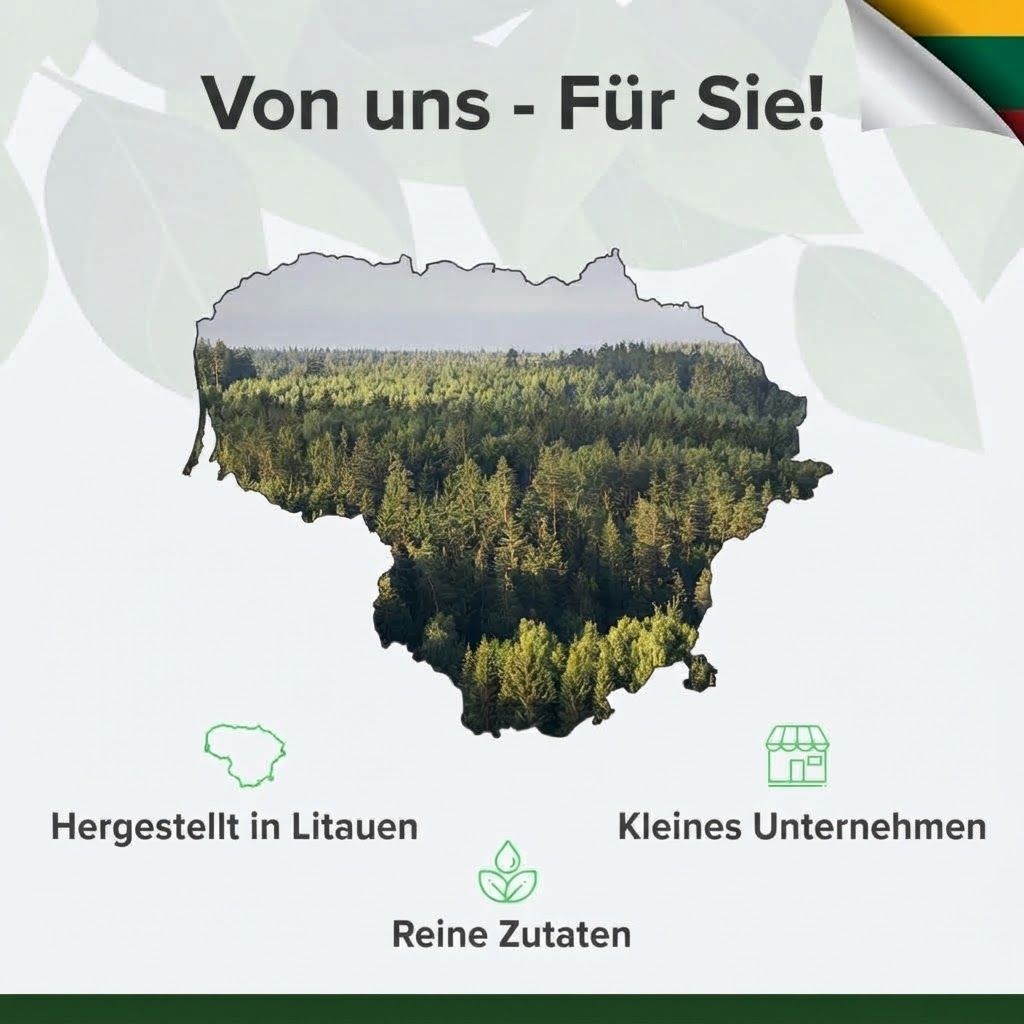 Hergestellt in Litauen, kleines Unternehmen, reine Zutaten. Abgebildet ist die Landkarte Litauens.