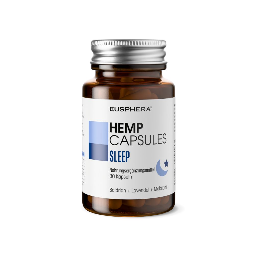 Braune Glasflasche mit Hemp Capsules Sleep. Text: Eusphera, Nahrungsergänzungsmittel, 30 Kapseln. Baldrian + Lavendel + Melatonin.