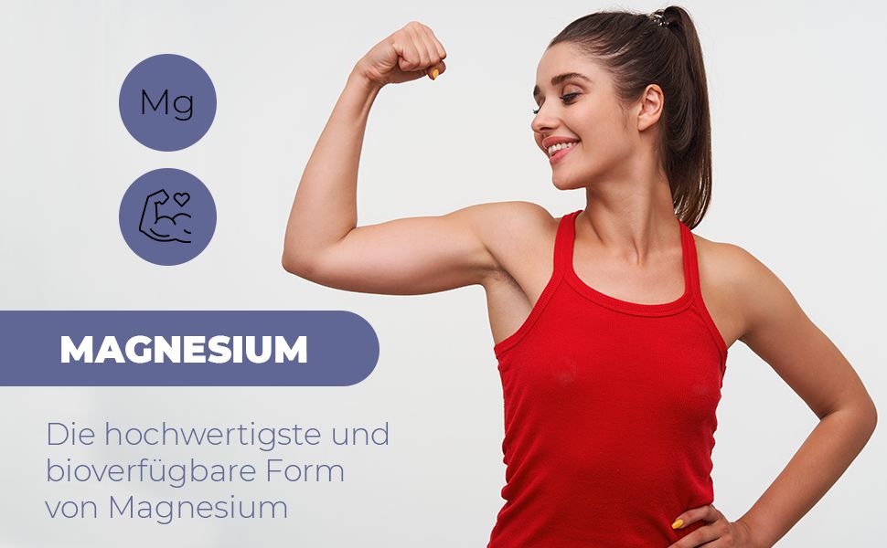 Eine Frau zeigt ihren Bizeps. Text: Magnesium, die hochwertigste und bioverfügbare Form von Magnesium. Symbole.