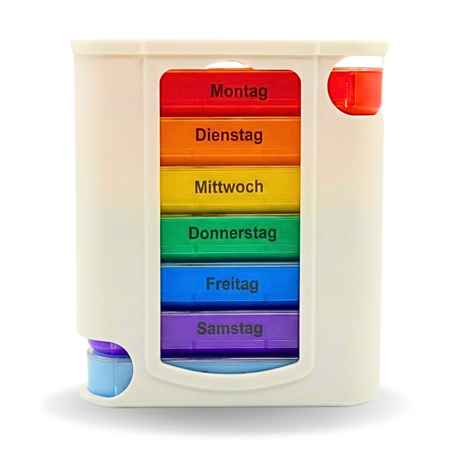 Weiße Tablettenbox mit farbigen Fächern für die Wochentage. Roter Deckel. Blaue Schublade für Sonntag.