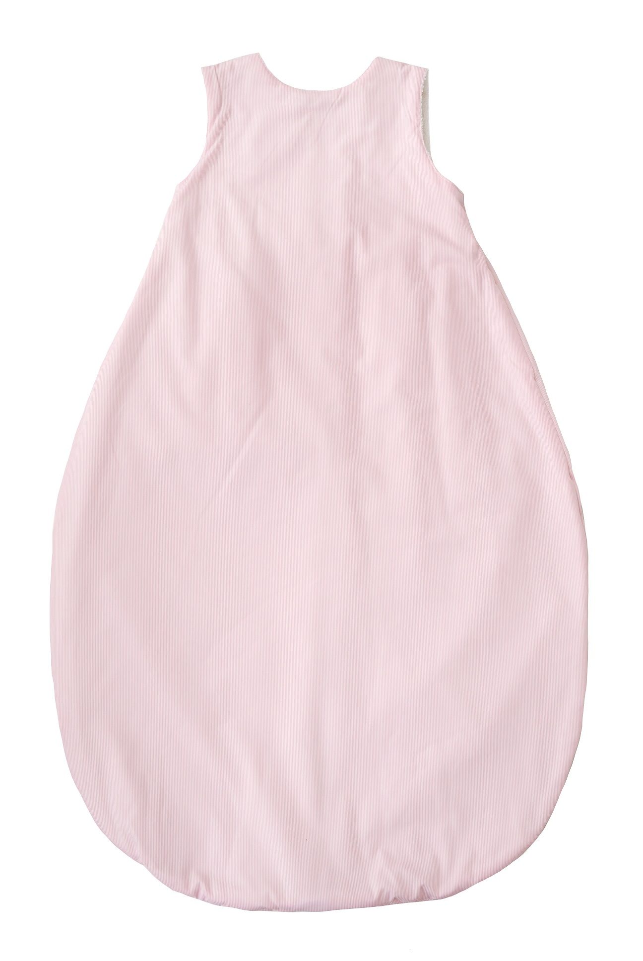 Rückansicht des rosa Schlafsacks. Gestreiftes Außenmaterial. Ärmellos, rundes Ende.