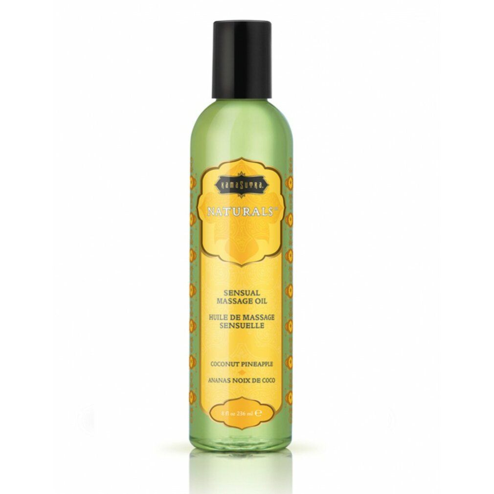 Grüne Flasche mit schwarzem Deckel. Etikett mit Schriftzug Kamasutra Naturals, Sensual Massage Oil, Kokosnuss Ananas.