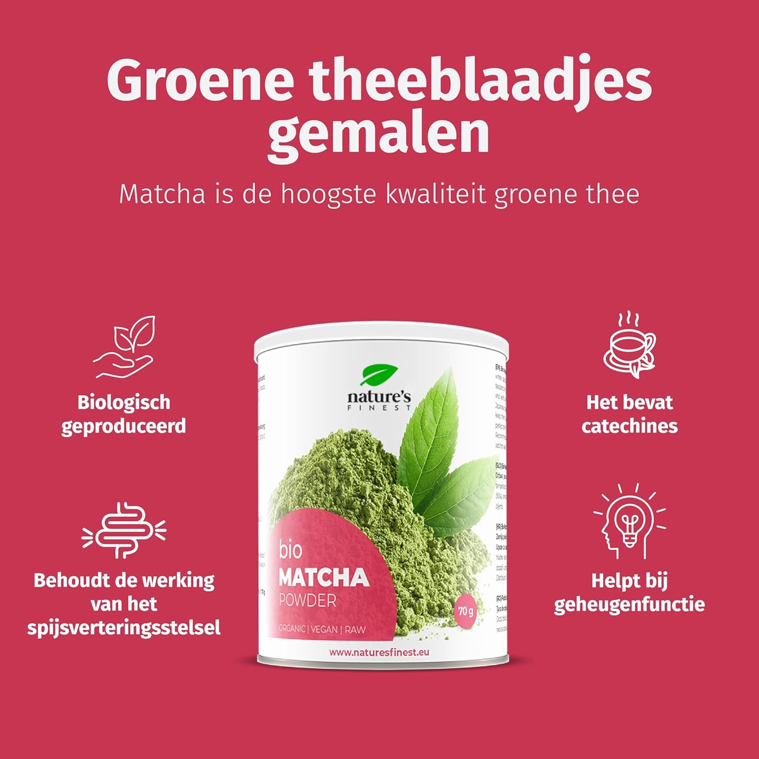 Werbung für Nature's Finest Matcha Pulver Bio. Dose, grüne Blätter, Icons, Text. Biologisch, vegan.