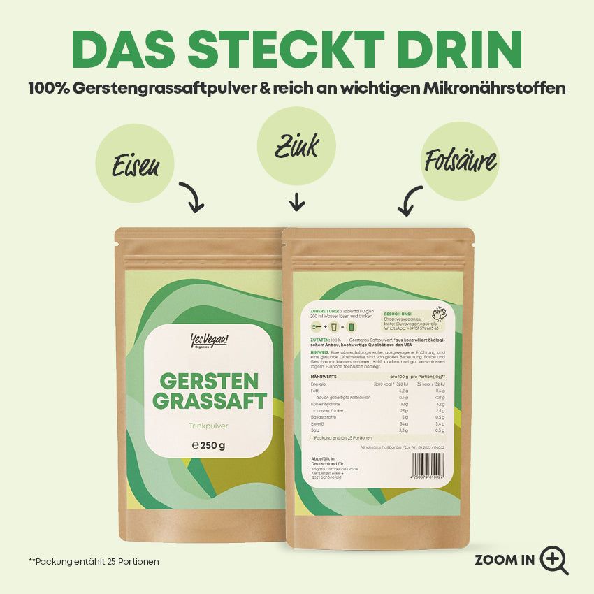 Zwei Produktverpackungen mit Gerstengrassaft. Illustrationen von Nährstoffen: Eisen, Zink, Folsäure.