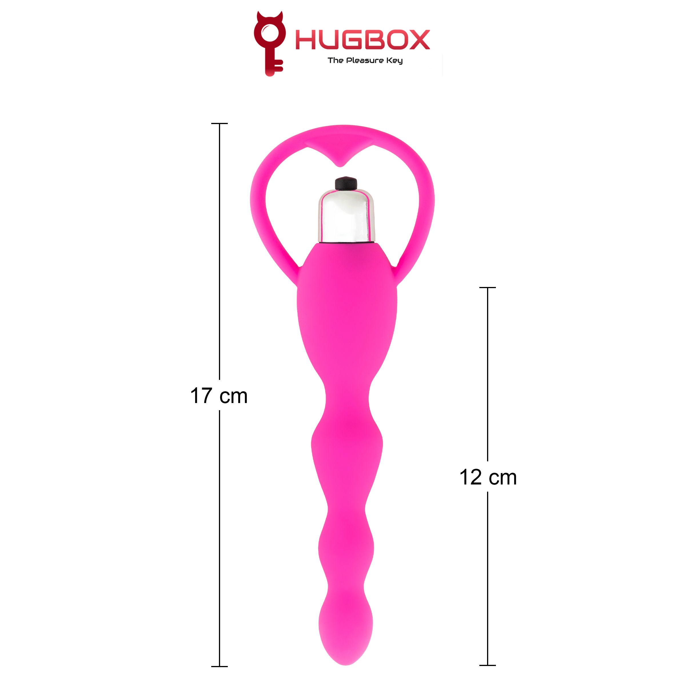 Rosa Vibrator mit wellenförmigem Schaft und herzförmigem Griff. Abmessungen: 17 cm und 12 cm. HUGBOX Logo.