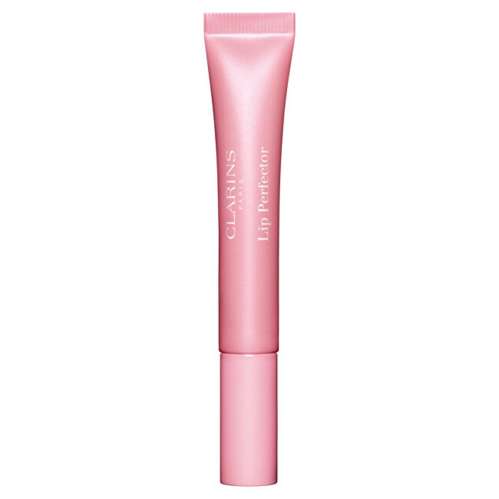 Rosa Lippenperfector-Tube. Marke Clarins, Schriftzug Lip Perfector.