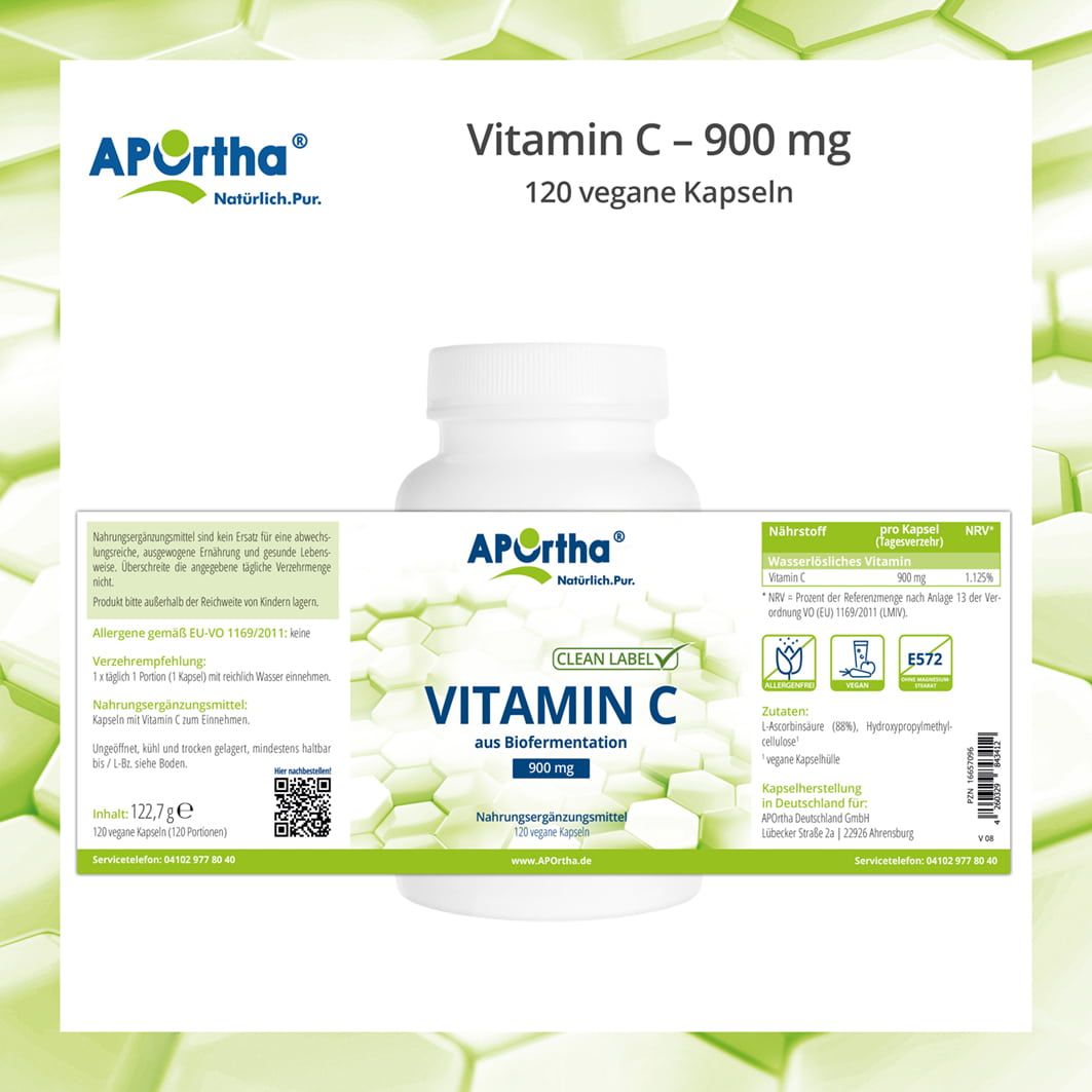 Produktverpackung. Weiße Flasche mit APOrtha Vitamin C Kapseln. Aufschrift: 900 mg, 120 vegane Kapseln. Nährwerttabelle und Inhaltsstoffe.