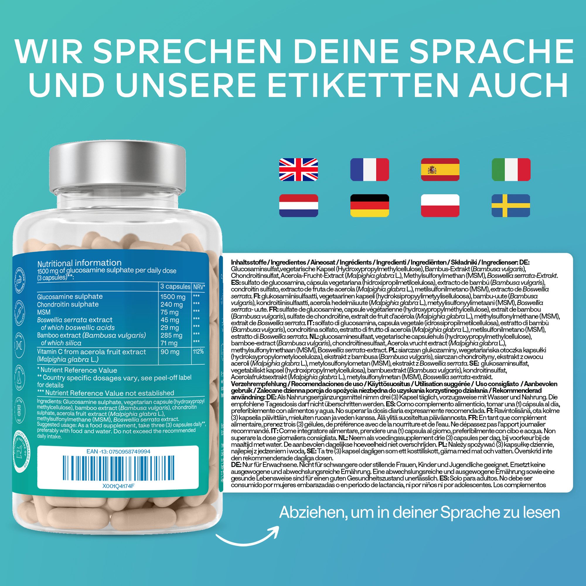 Flasche mit Glucosamin-Kapseln und detaillierten Inhaltsstoffen.