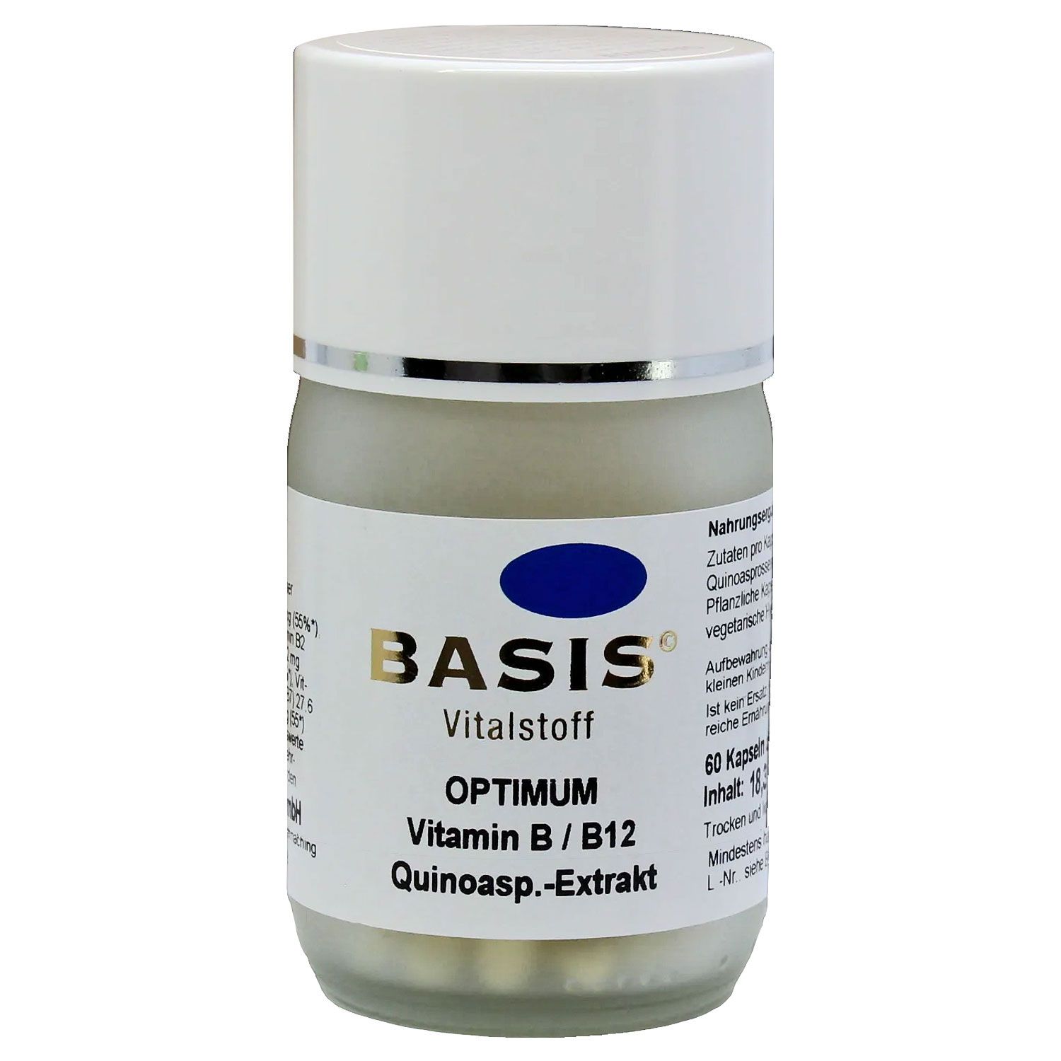 Kapselbehälter mit weißem Deckel. Aufschrift BASIS Vitalstoff OPTIMUM Vitamin B / B12 Quinoasp.-Extrakt. 60 Kapseln.