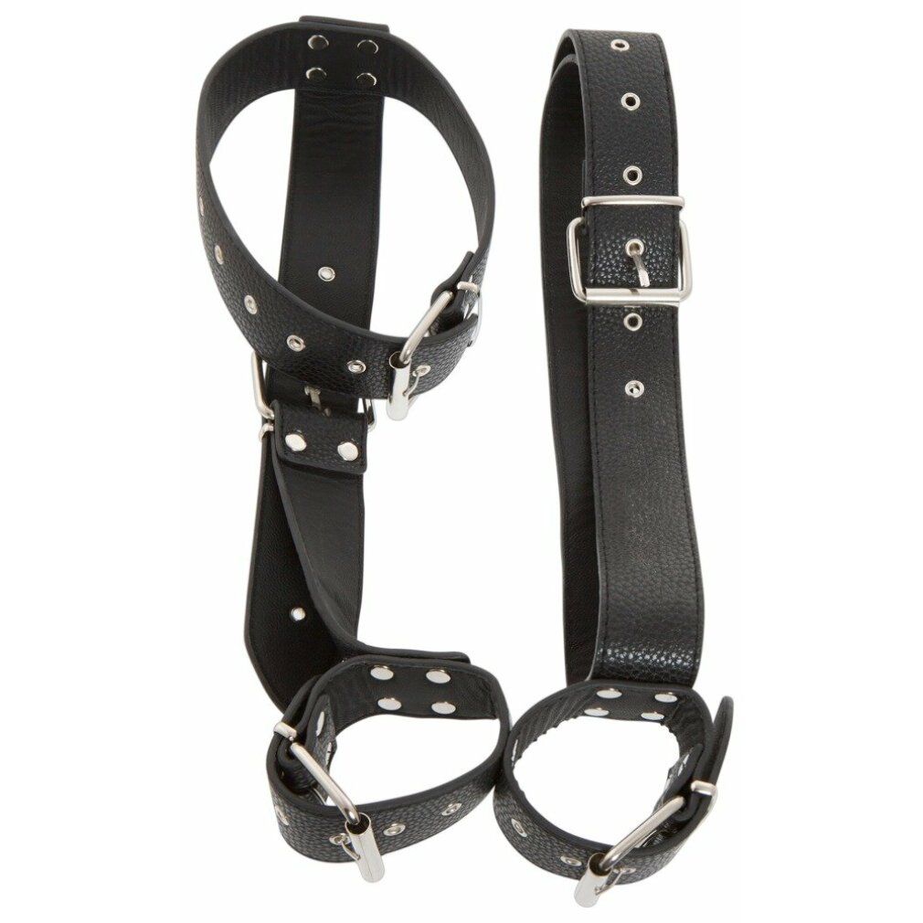 Schwarze Hals-Handfessel aus Leder mit Schnallen und Nieten. Besteht aus Halsband, Handfesseln und Verbindungsriemen.